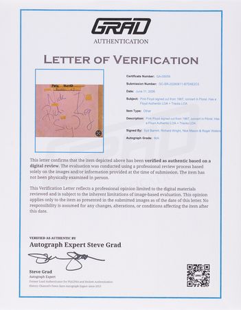 Lot #670 Pink Floyd Original Lineup Signatures with Syd Barrett - Obtained at the Floral Hall in Gorleston-on-Sea (July 19, 1967) - Image 2
