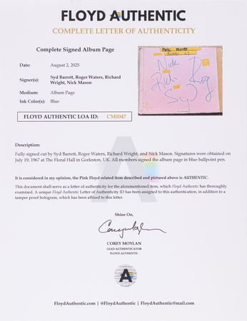 Lot #670 Pink Floyd Original Lineup Signatures with Syd Barrett - Obtained at the Floral Hall in Gorleston-on-Sea (July 19, 1967) - Image 3