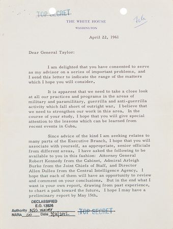 Lot #90 John F. Kennedy ‘Top Secret’ Typed Letter Signed as President - Sent to General Maxwell Taylor to Establish the Cuba Study Group After the Bay of Pigs Invasion - Image 1