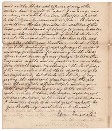 Lot #331 Edmund Randolph Letter Signed as Secretary of State on British Naval Rights and American Neutrality - “This conduct is so reprehensible and impolitic” - Image 2