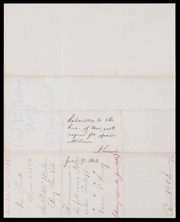Lot #28 Abraham Lincoln Autograph Endorsement Signed as President - “Submitted to the Sec. of War, with request for special attention” (June 9, 1863, dated to the Battle of Brandy Station) - Image 1