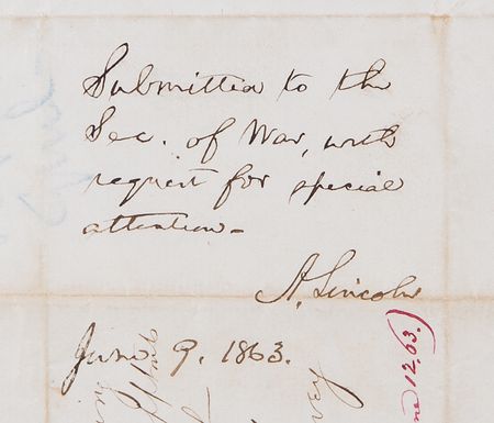 Lot #28 Abraham Lincoln Autograph Endorsement Signed as President - “Submitted to the Sec. of War, with request for special attention” (June 9, 1863, dated to the Battle of Brandy Station) - Image 2