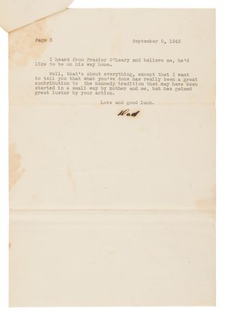 Lot #282 Joseph P. Kennedy Typed Letter Signed to His Son, John F. Kennedy, One Month after the PT-109 Incident: 