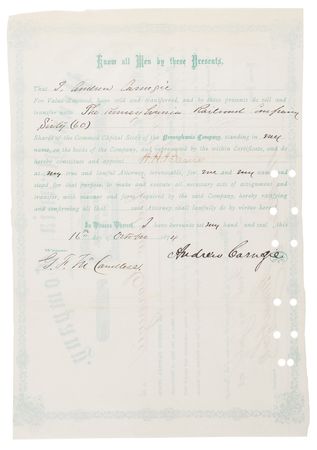 Lot #378 Andrew Carnegie and Thomas A. Scott Signed 1873 Pennsylvania Company Stock Certificate - Image 2