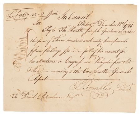 Lot #276 Benjamin Franklin Signed 1785 Pennsylvania Pay Order for Continental Congress Delegate Joseph Gardner - Image 1