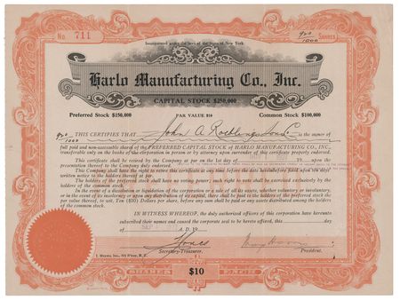 Lot #512 Washington A. Roebling Signed Harlo Manufacturing Co. Stock Certificate (1922) - Image 2