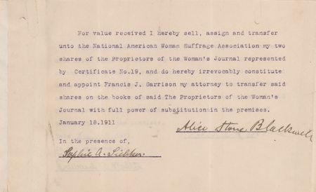 Lot #369 Alice Stone and Henry Browne Blackwell Signed Woman’s Journal Stock Certificate (1870) - Image 2