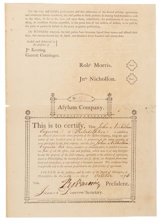Lot #278 Robert Morris Signed Asylum Company Stock