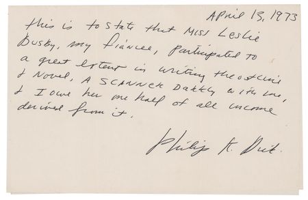 Lot #552 Philip K. Dick Autograph Document Signed