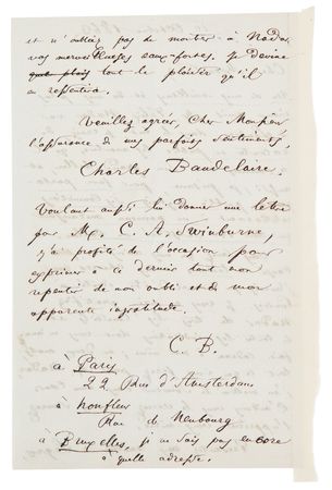 Lot #548 Charles Baudelaire Autograph Letter Signed to James McNeill Whistler: 