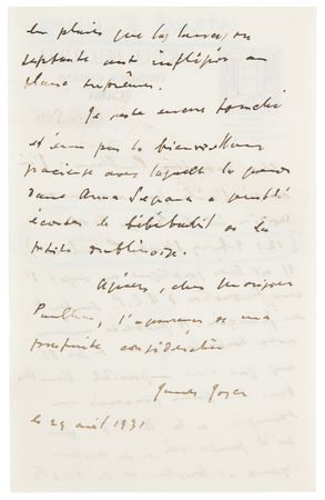 Lot #558 James Joyce Autograph Letter Signed on the 