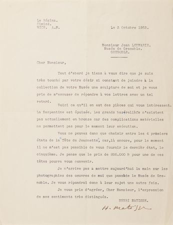 Lot #508 Henri Matisse Autograph Letter Signed, Typed Letter Signed, and Sketch to the Musée National d’Art Moderne: Designing the Perfect Display and Negotiating a Sculpture Acquisition - Image 4