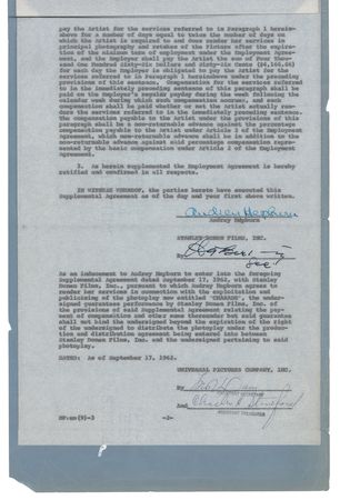 Lot #731 Audrey Hepburn Signed Film Document for Charade - Image 1