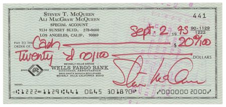 Lot #753. Steve McQueen Signed Check - Filled Out by Wife Ali MacGraw