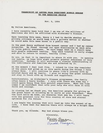 Lot #220 Ronald Reagan Signed Souvenir Typescript on Alzheimer's: 