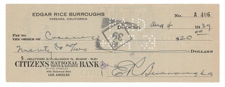 Lot #550 Edgar Rice Burroughs Signed Check