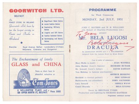 Lot #749 Bela Lugosi Signed Dracula Program (Belfast, 1951) - Image 1
