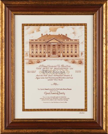 Lot #213 Nancy Reagan Boehm Hand-Painted Porcelain White House Special Award Presented to ‘Great American Family’ (1984) - Image 1