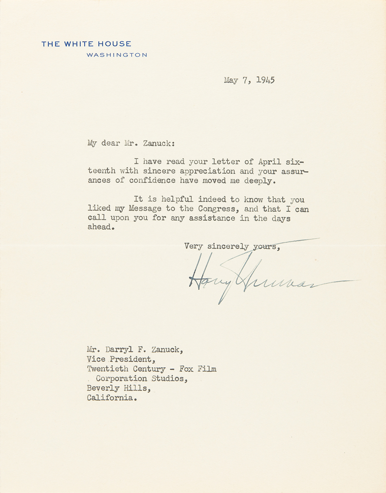 Lot 7056 Harry S. Truman Typed Letter Signed as President on Day of Germany’s Unconditional Surrender (May 7, 1945) - “It is helpful indeed to know that you liked my Message to the Congress”