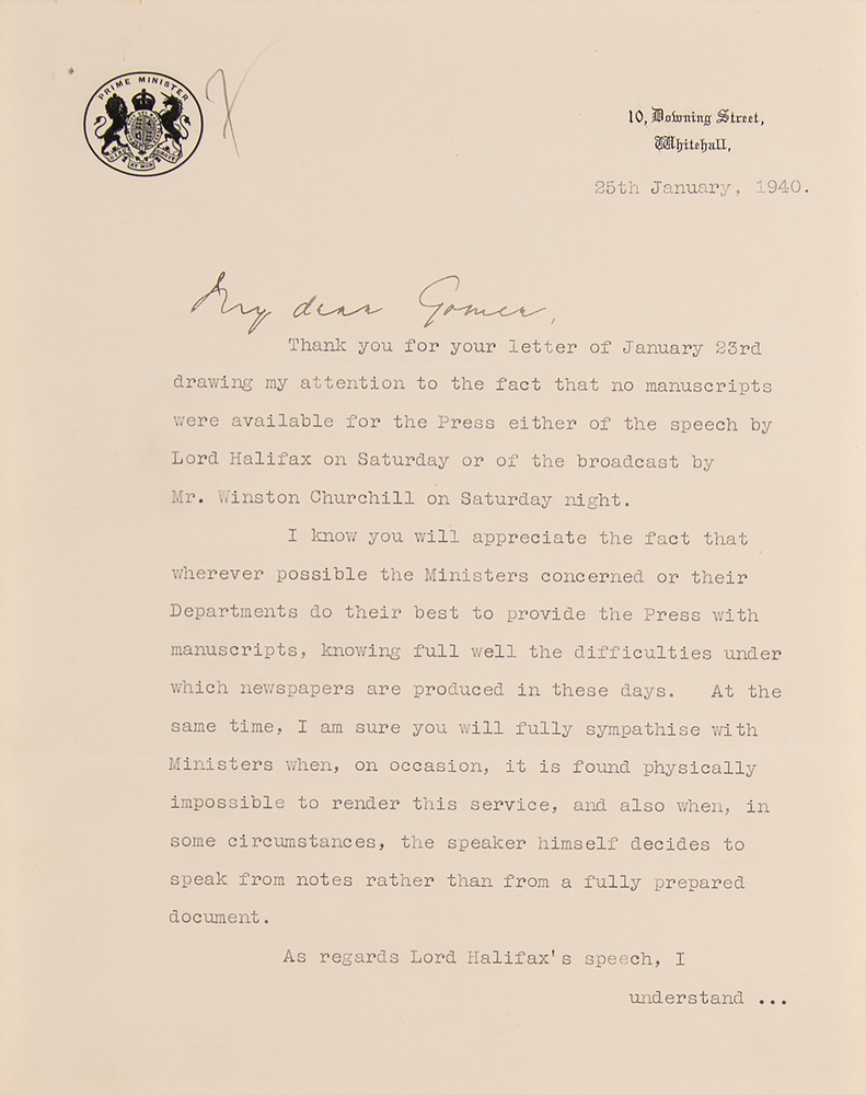 Lot 7002 Neville Chamberlain WWII-Dated Typed Letter Signed on Churchill's 'House of Many Mansions' Address