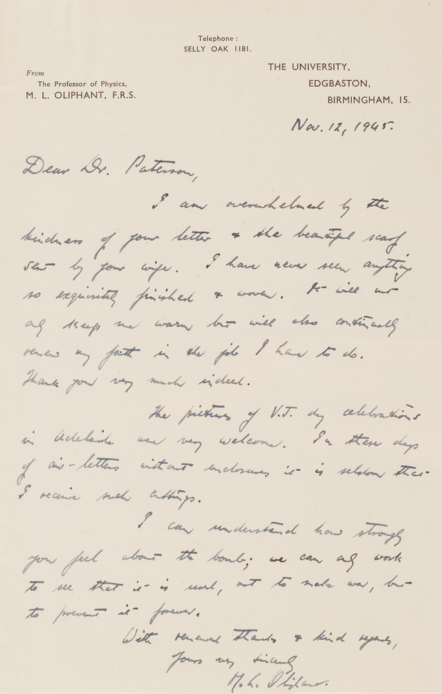 Lot 7106 Mark Oliphant Autograph Letter Signed on Atomic Bombs - 