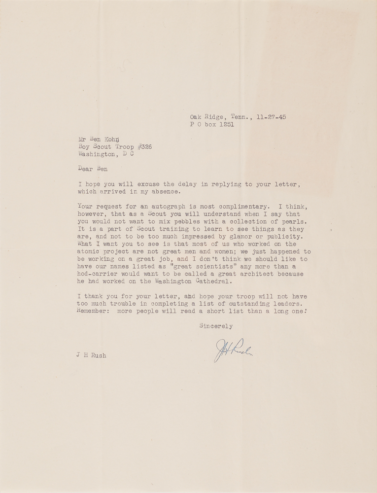 Lot 7107 Oak Ridge: Joseph H. Rush Typed Letter Signed - 