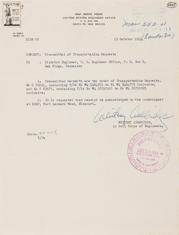 Lot 7087 Whitney Ashbridge War-Dated Document Signed - Transportation Request between Los Alamos and Oak Ridge (October 1944)
