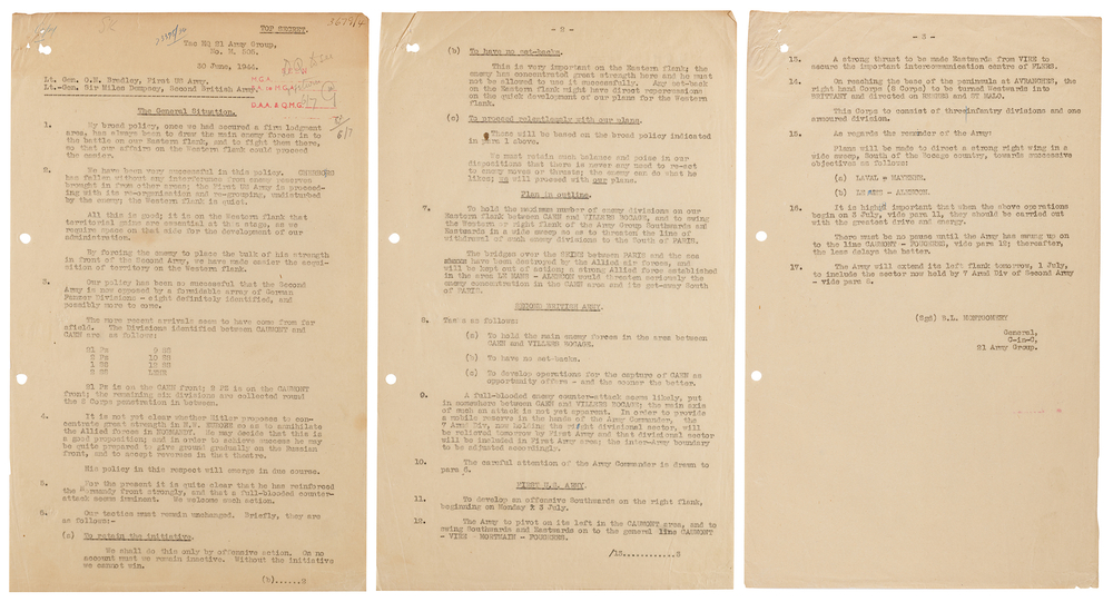 Lot 7040 Field Marshal Bernard Law Montgomery's Top-Secret Battle Orders for the Liberation of Europe, May 1944-June 1945 - (28) Documents from the Papers of Major-General Miles Graham