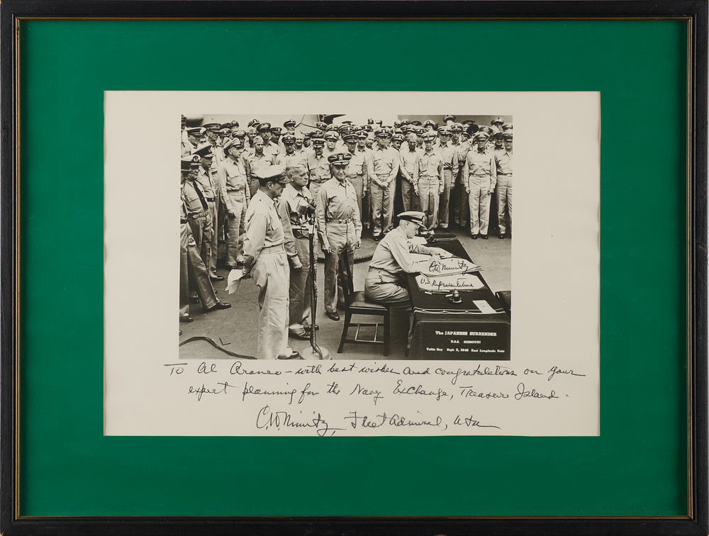 Lot 7101 Chester Nimitz Oversized Twice-Signed Photograph - Japanese Surrender on USS Missouri