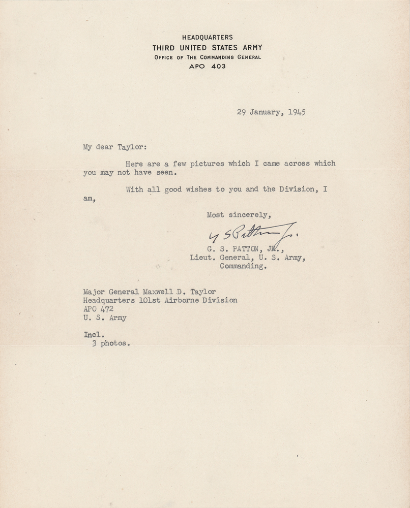 Lot 7054 George S. Patton Typed Letter Signed to Maxwell Taylor in the Aftermath of the Battle of the Bulge