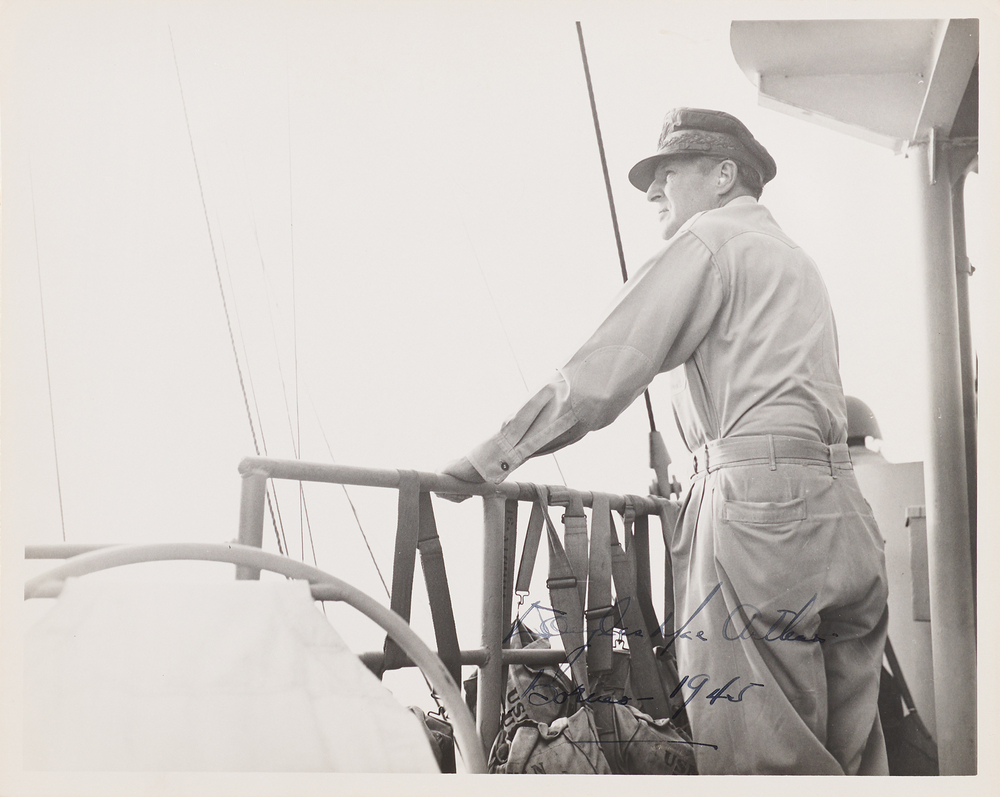 Lot 7085 Douglas MacArthur Signed Photograph - Pictured Aboard the USS Cleveland in Borneo (1945)