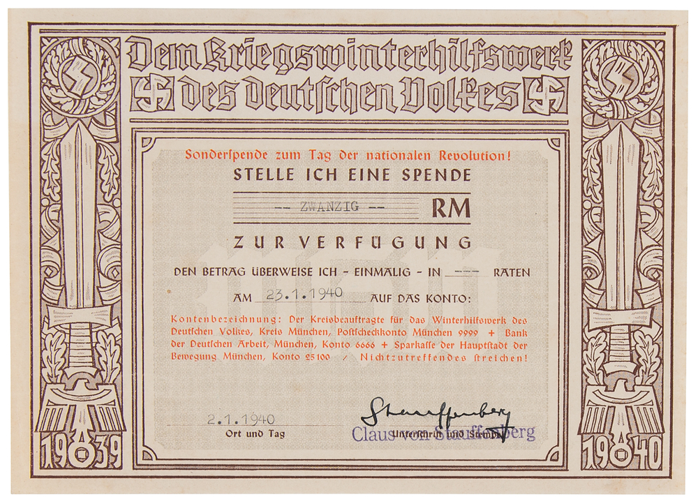 Lot 7033 Claus von Stauffenberg War-Dated Signed 'War Winter Relief Fund' Donation Certificate (1940)