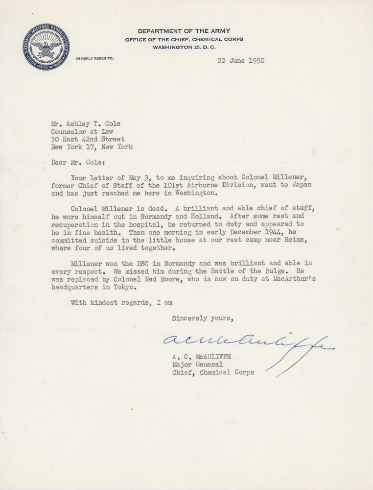 Lot 7050 Anthony McAuliffe Typed Letter Signed on the Death of 101st Airborne Chief of Staff Raymond D. Millener