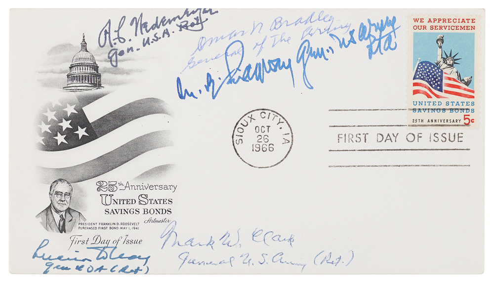 Lot 7066 World War II Generals (5) Multi-signed First Day Cover - Bradley, Ridgway, Clark, Clay, and Wedemeyer