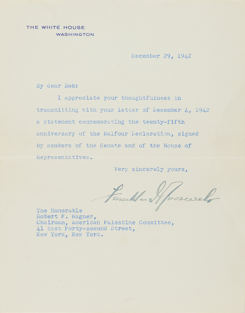 Lot 7028 Franklin D. Roosevelt Typed Letter Signed as President, Acknowledging Congressional Support for the Balfour Declaration Amid the Holocaust