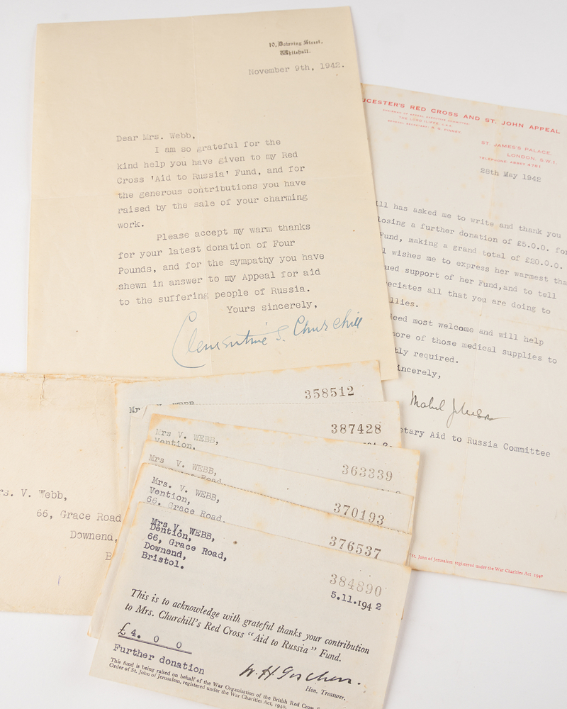 Lot 7025 Clementine Churchill WWII-Dated Typed Letter Signed, Accepting Contributions to Her Red Cross 'Aid to Russia' Fund