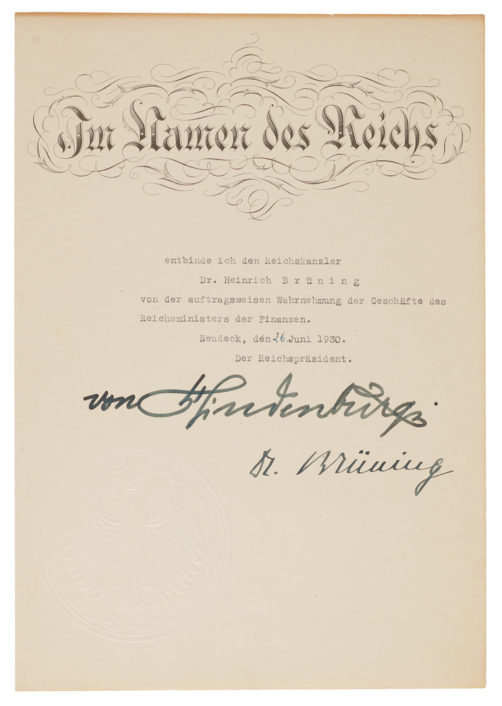 Lot 7014 Paul von Hindenburg and Heinrich Brüning Document Signed, Preceding the Reichstag Dissolution Crisis