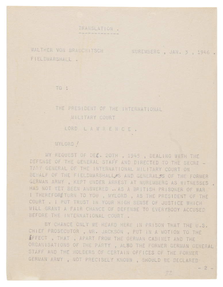 Lot 7227 Walther von Brauchitsch Partial Typed Letter Signed at Nuremberg, Defending the German General Staff