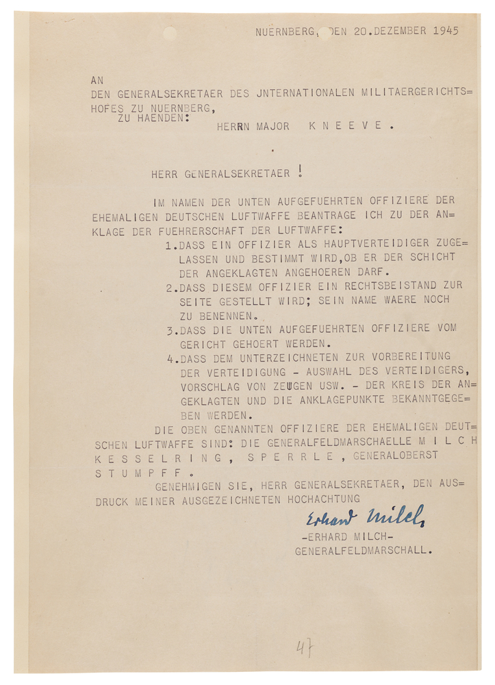 Lot 7228 Erhard Milch (2) Typed Letters Signed at Nuremberg, Defending the Luftwaffe High Command Against War Crimes Charges