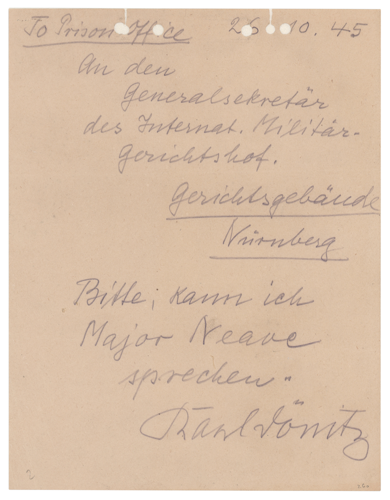 Lot 7202 Karl Dönitz Autograph Note Signed to the International Military Tribunal at Nuremberg