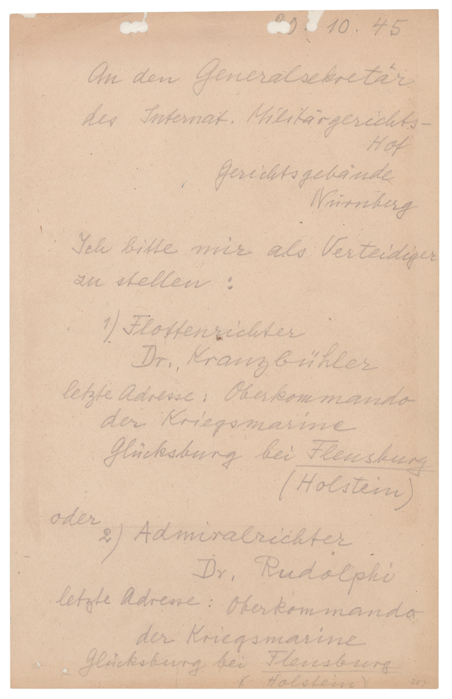 Lot 7203 Karl Dönitz Autograph Document Signed, Requesting His Attorney at Nuremberg