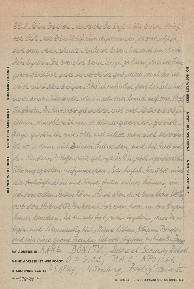 Lot 7204 Karl Dönitz Autograph Letter Signed from Nuremberg to His Wife: 