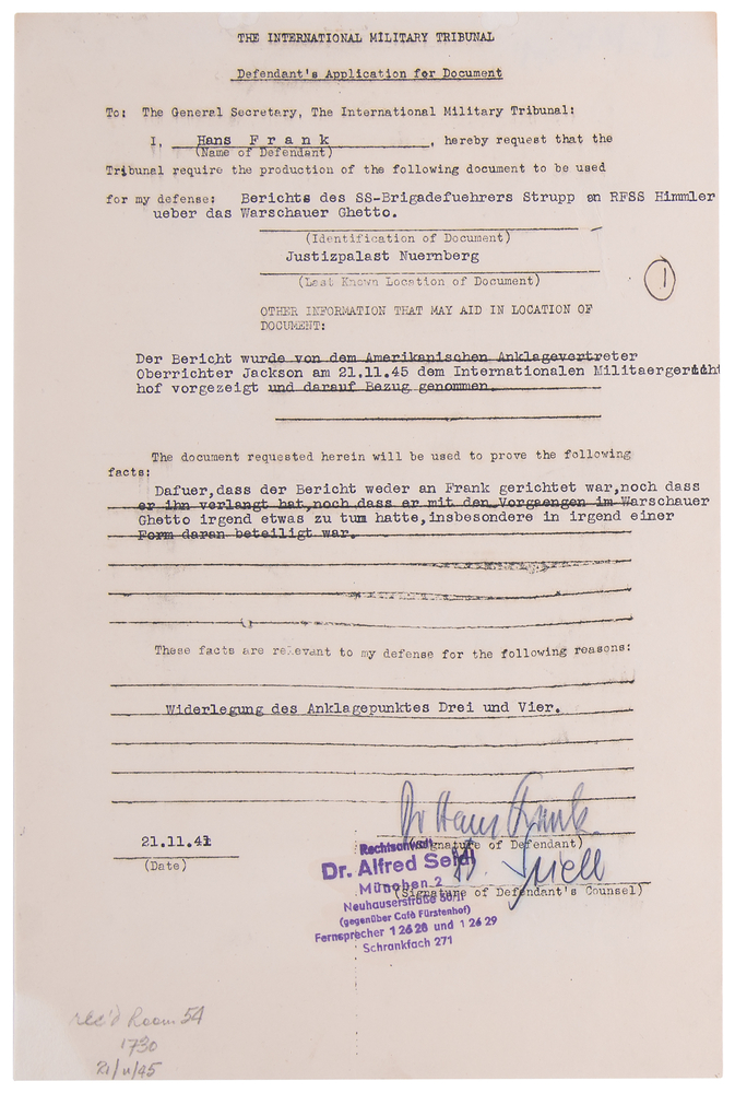 Lot 7139 Hans Frank Document Signed at Nuremberg, Requesting the 'Stroop Report' on the Destruction of the Warsaw Ghetto