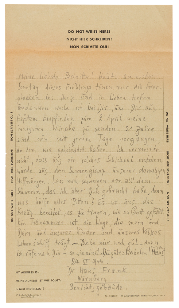 Lot 7141 Hans Frank Autograph Letter Signed from Nuremberg to His Wife: 
