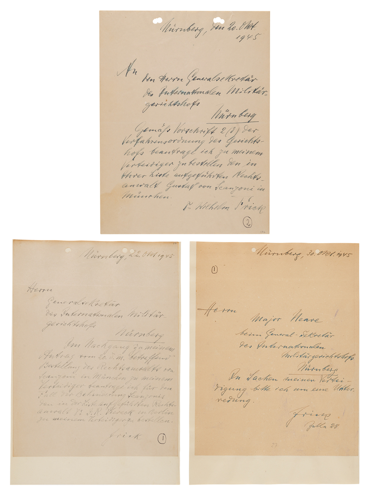 Lot 7145 Wilhelm Frick (3) Autograph Letters Signed at Nuremberg, Arranging for His Defense