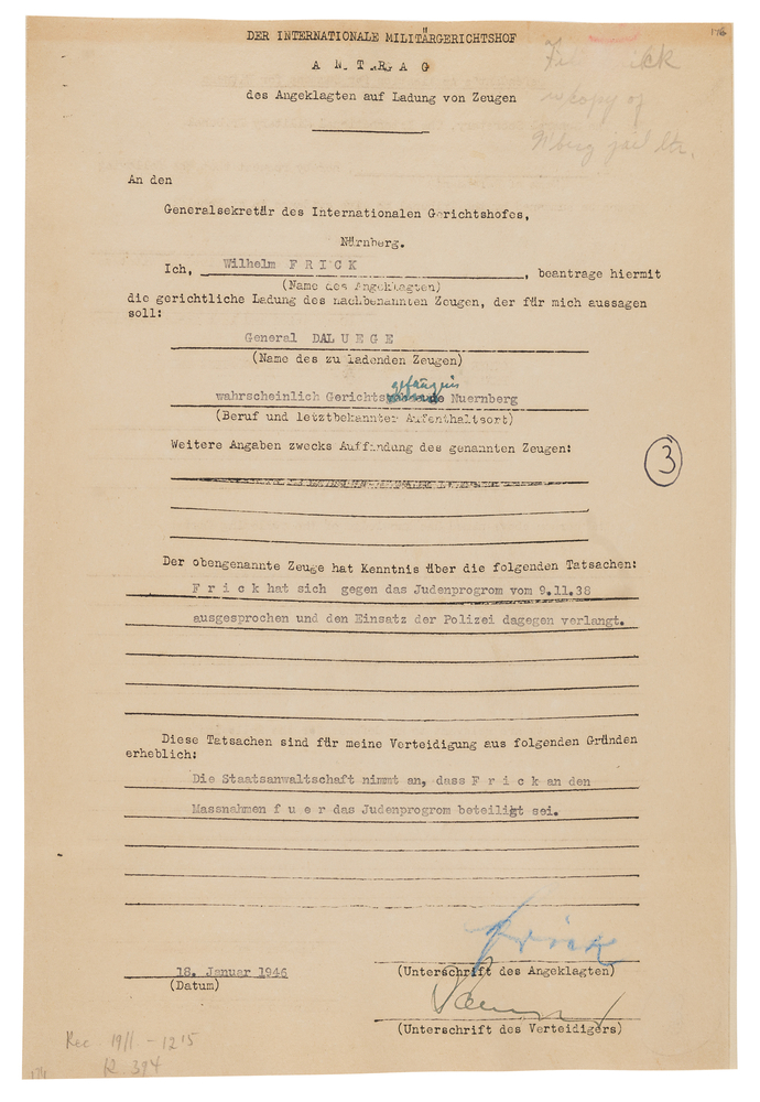 Lot 7143 Wilhelm Frick Document Signed at Nuremberg, Distancing Himself from Kristallnacht