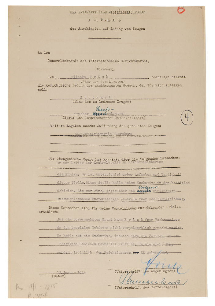 Lot 7144 Wilhelm Frick Document Signed at Nuremberg, Denying Responsibility for Nazi Crimes in Occupied Territories