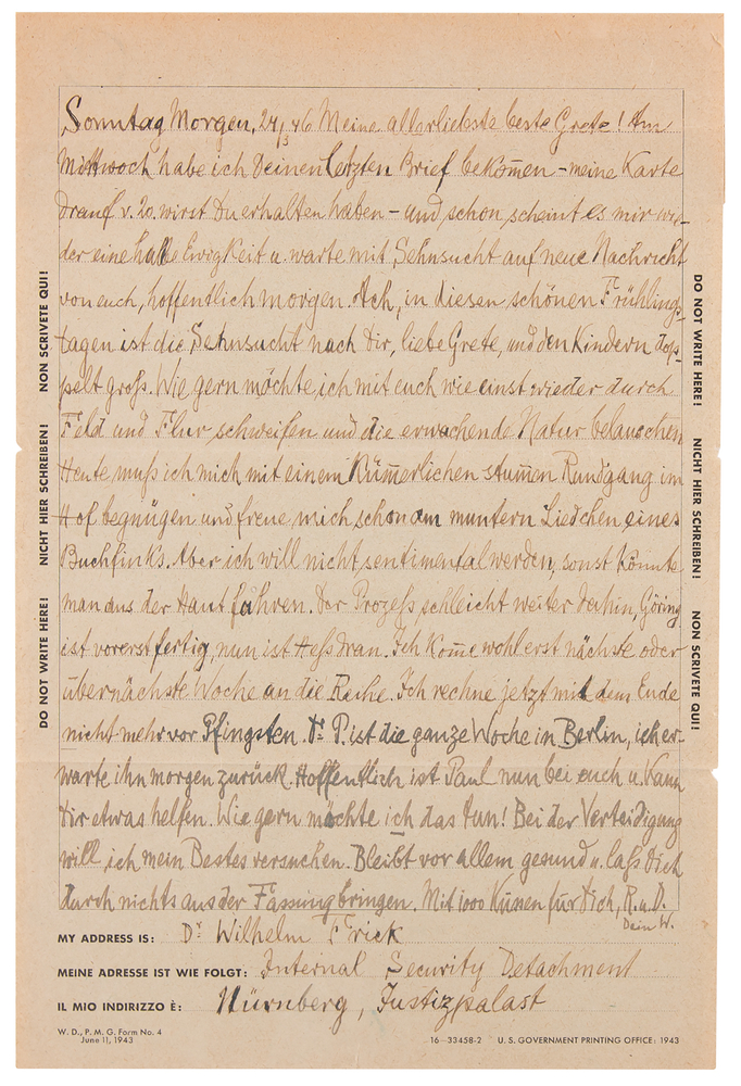 Lot 7146 Wilhelm Frick Autograph Letter Signed from Nuremberg Prison to His Wife: 