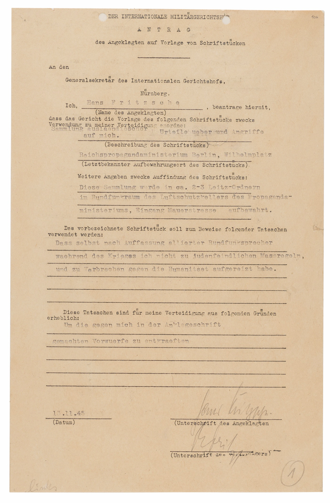 Lot 7218 Hans Fritzsche Document Signed at Nuremberg, Preparing His Defense: 