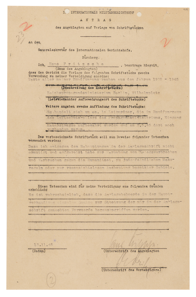 Lot 7219 Hans Fritzsche Document Signed at Nuremberg, Preparing His Defense: 